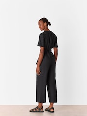 Whistles Black Petite Fiona 100% Linen Button Jumpsuit - Image 4 of 5