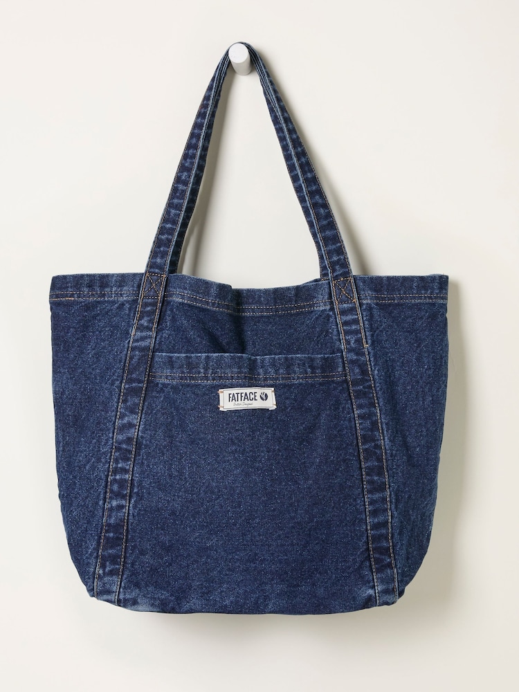FatFace Astrid Denim Dark Blue Pocket Tote Bag - Image 1 of 3 FatFace Astrid Denim Dark Blue Pocket Tote Bag - Image 1 of 3