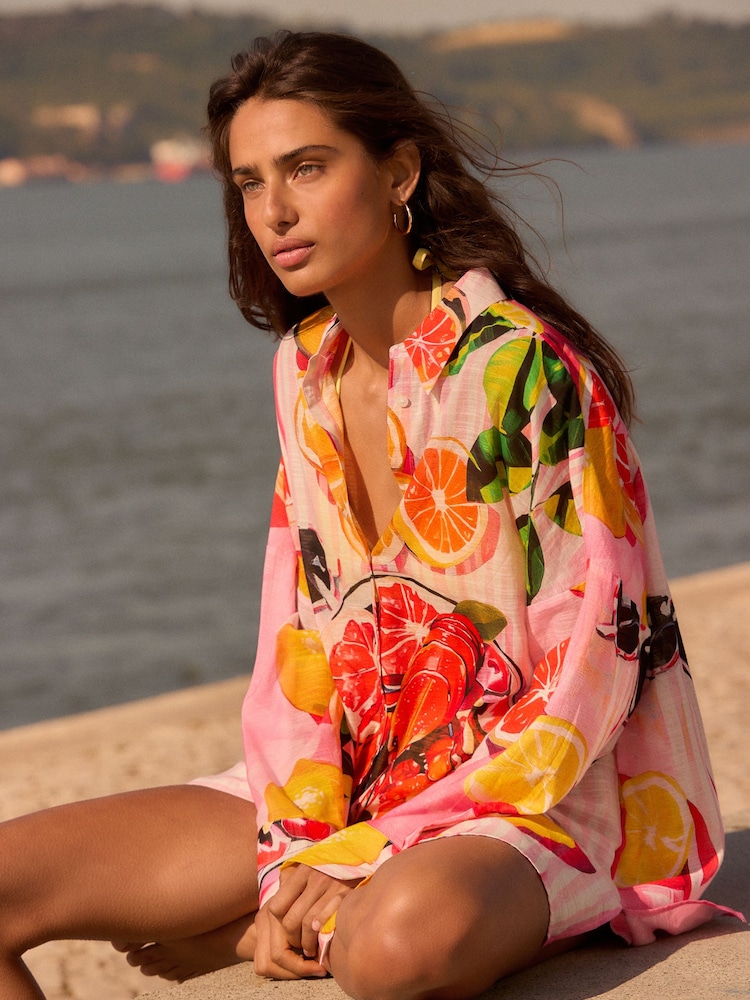 Pink/White Beach Shirt Cover-Up - Image 1 of 8