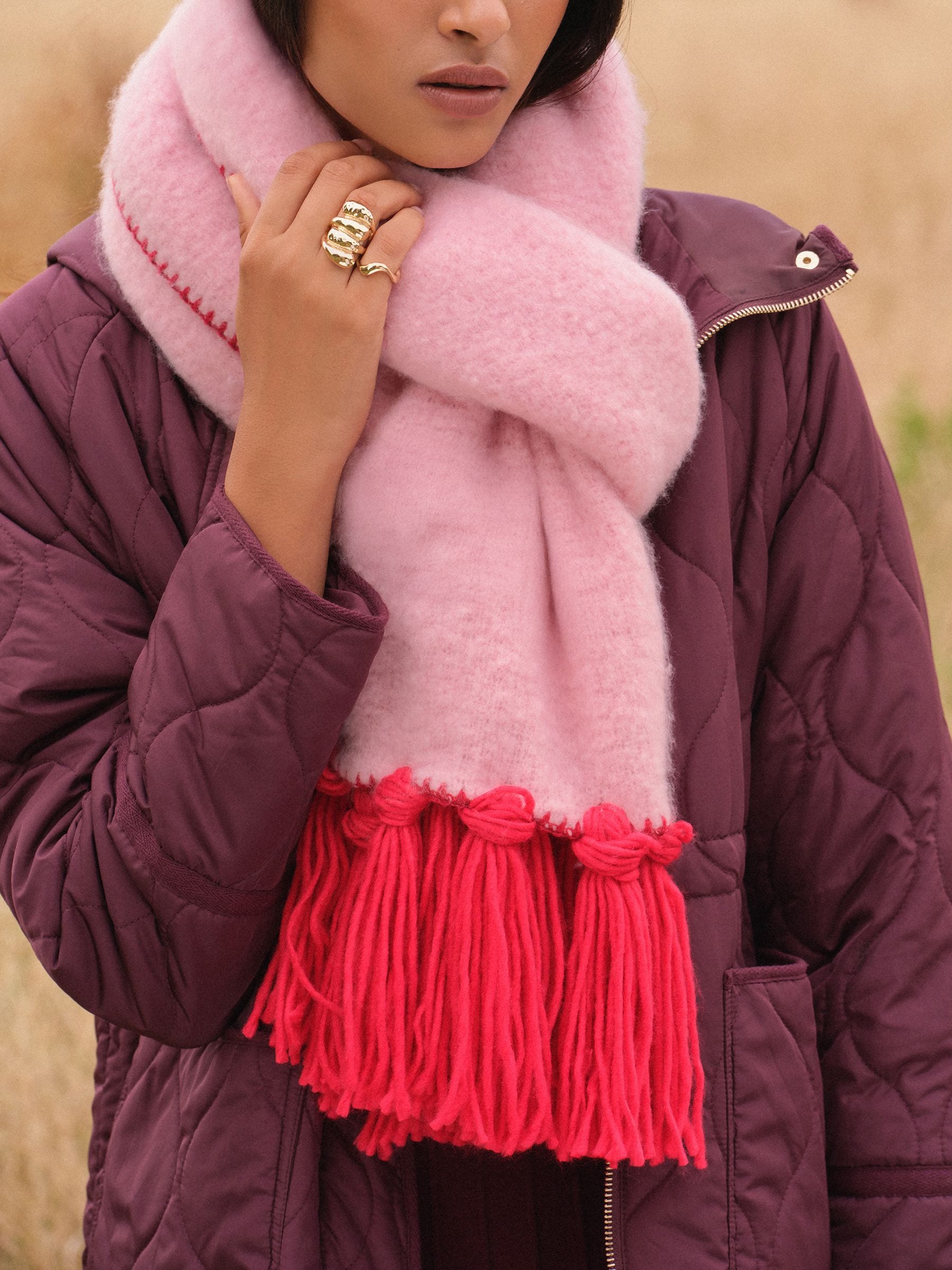 Buy Love & Roses Pink/Red Tassel Cosy Contrast Brushed Scarf from