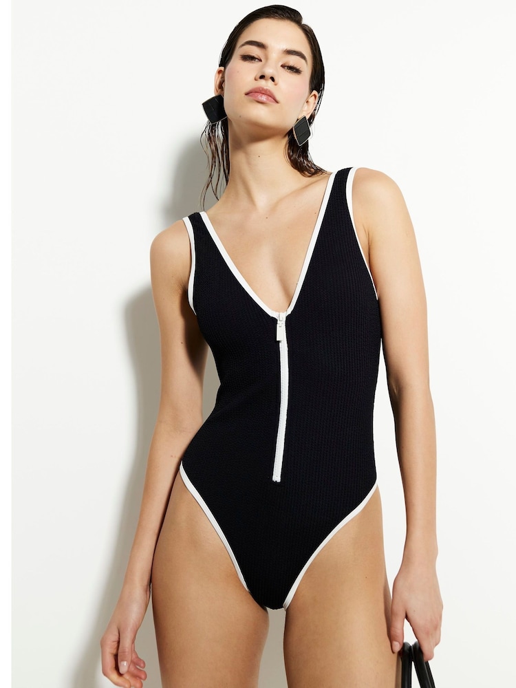 River Island Black Zip Textured Swimsuit - Image 1 of 6 River Island Black Zip Textured Swimsuit - Image 1 of 6
