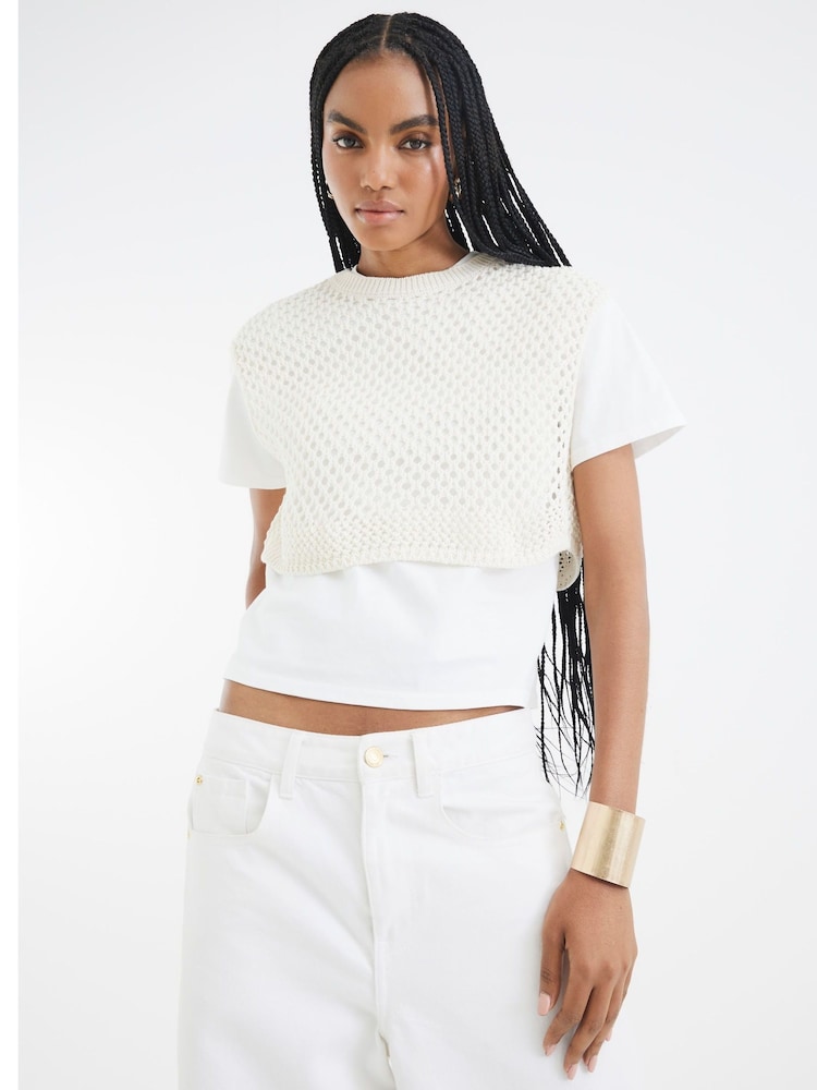 River Island Cream Crochet Overlay T-Shirt - Image 1 of 4