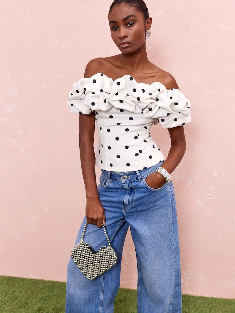 River Island Cream Ruffle Bardot Blouse - Image 1 of 4 River Island Cream Ruffle Bardot Blouse - Image 1 of 4