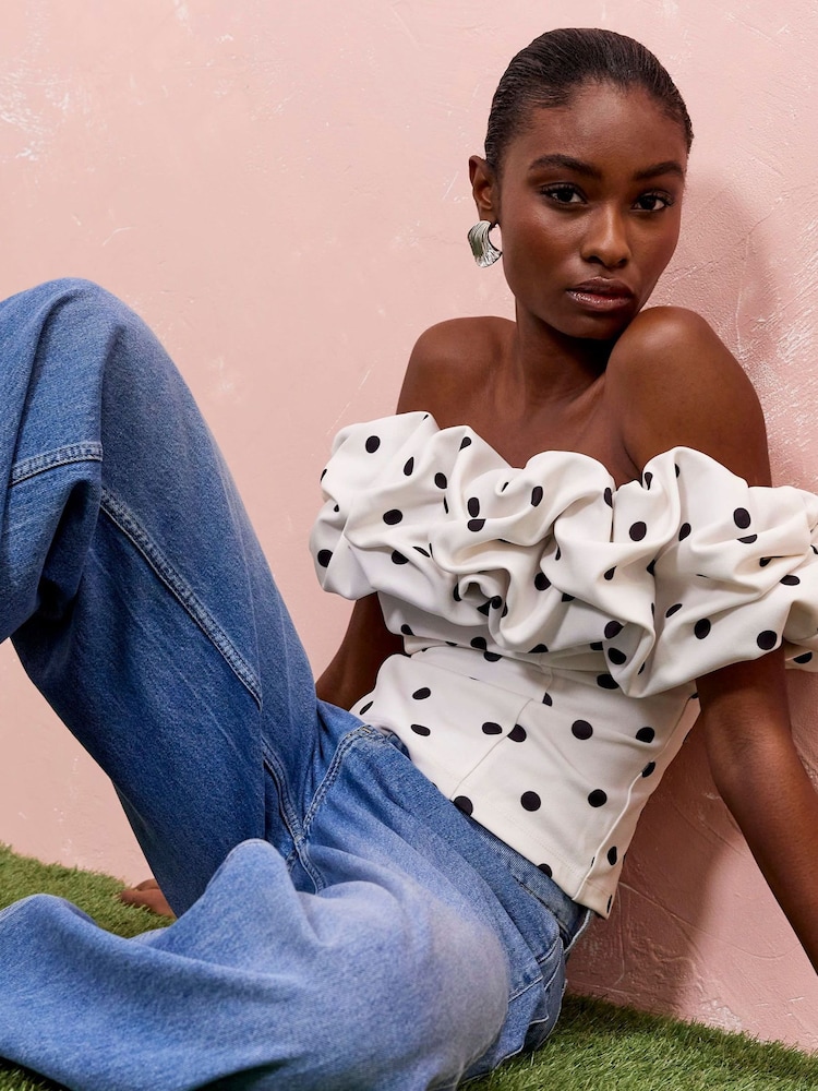 River Island Cream Ruffle Bardot Blouse - Image 2 of 4 River Island Cream Ruffle Bardot Blouse - Image 2 of 4
