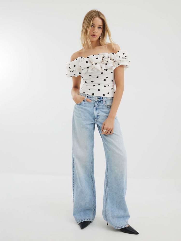 River Island Cream Polka Dot Ruffle Bardot Blouse - Image 3 of 4