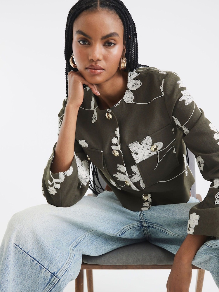 River Island Green Embroidered Collarless Jacket - Image 1 of 6