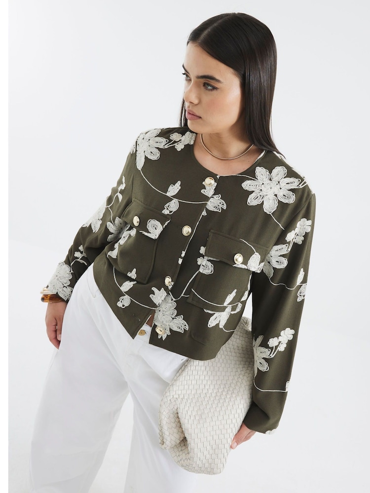 River Island Green Embroidered Collarless Jacket - Image 6 of 6 River Island Green Embroidered Collarless Jacket - Image 6 of 6