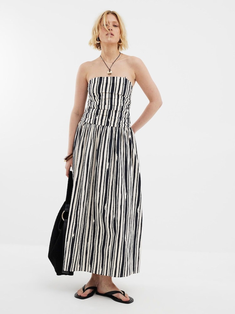 River Island Black/white Pleat Bodice Bandeau Midi Stripe 100% Cotton Dress - Image 1 of 5