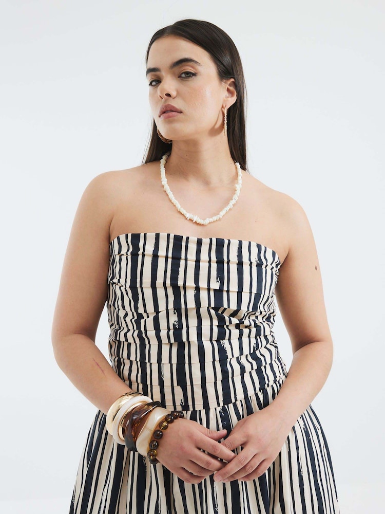 River Island Black/white Pleat Bodice Bandeau Midi Stripe 100% Cotton Dress - Image 5 of 5