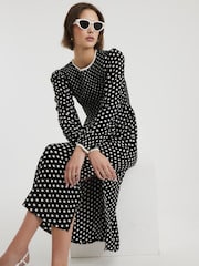 River Island Black Shirred Polka Dot Midi Dress - Image 1 of 4