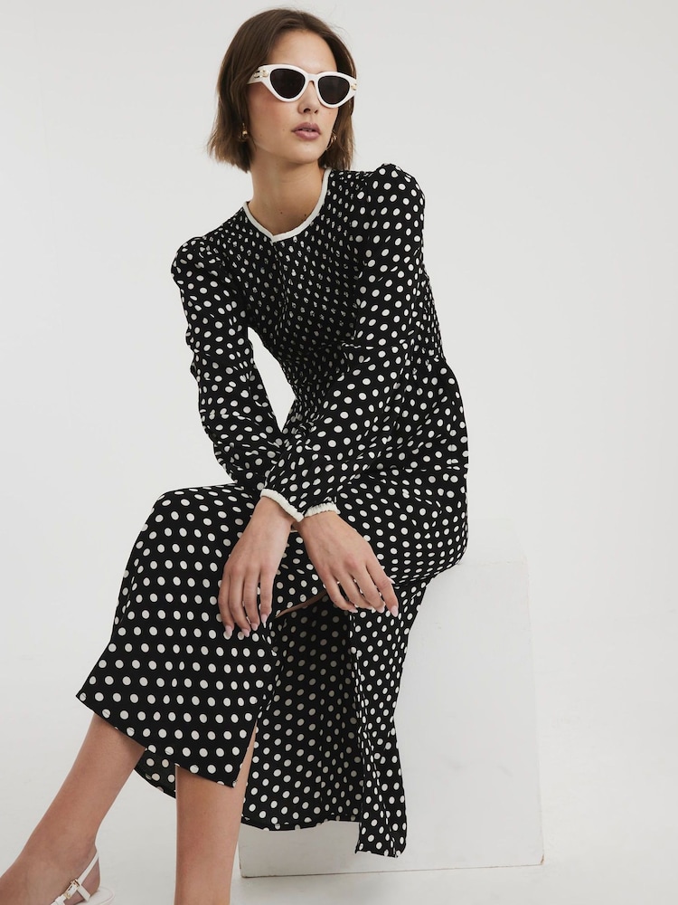 River Island Black Shirred Polka Dot Midi Dress - Image 1 of 4