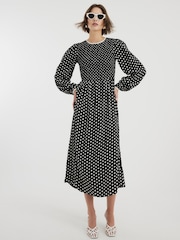 River Island Black Shirred Polka Dot Midi Dress - Image 2 of 4