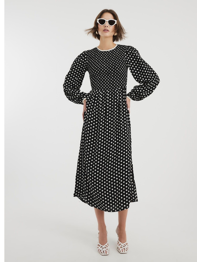 River Island Black Shirred Polka Dot Midi Dress - Image 2 of 4