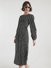 River Island Black Shirred Polka Dot Midi Dress - Image 3 of 4