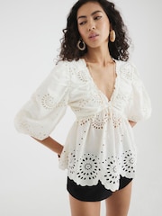 River Island Cream Mid Sleeve Broderie 100% Cotton Blouse - Image 1 of 4