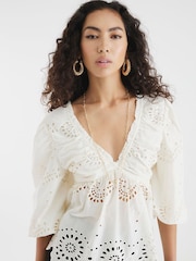 River Island Cream Mid Sleeve Broderie 100% Cotton Blouse - Image 4 of 4