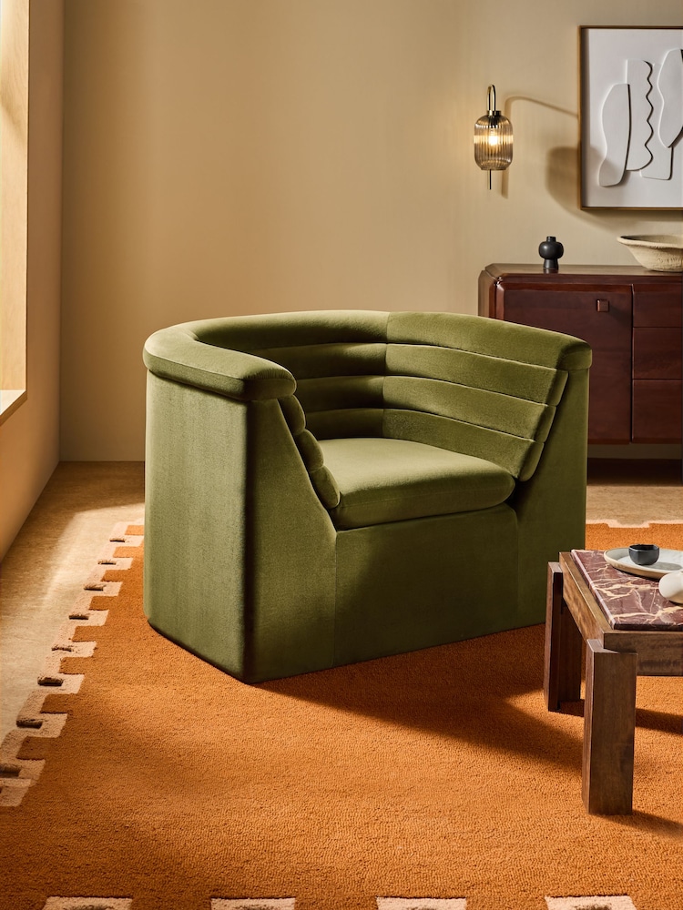 MADE.COM Olive Green Velvet Lineari Accent Chair - Image 1 of 5