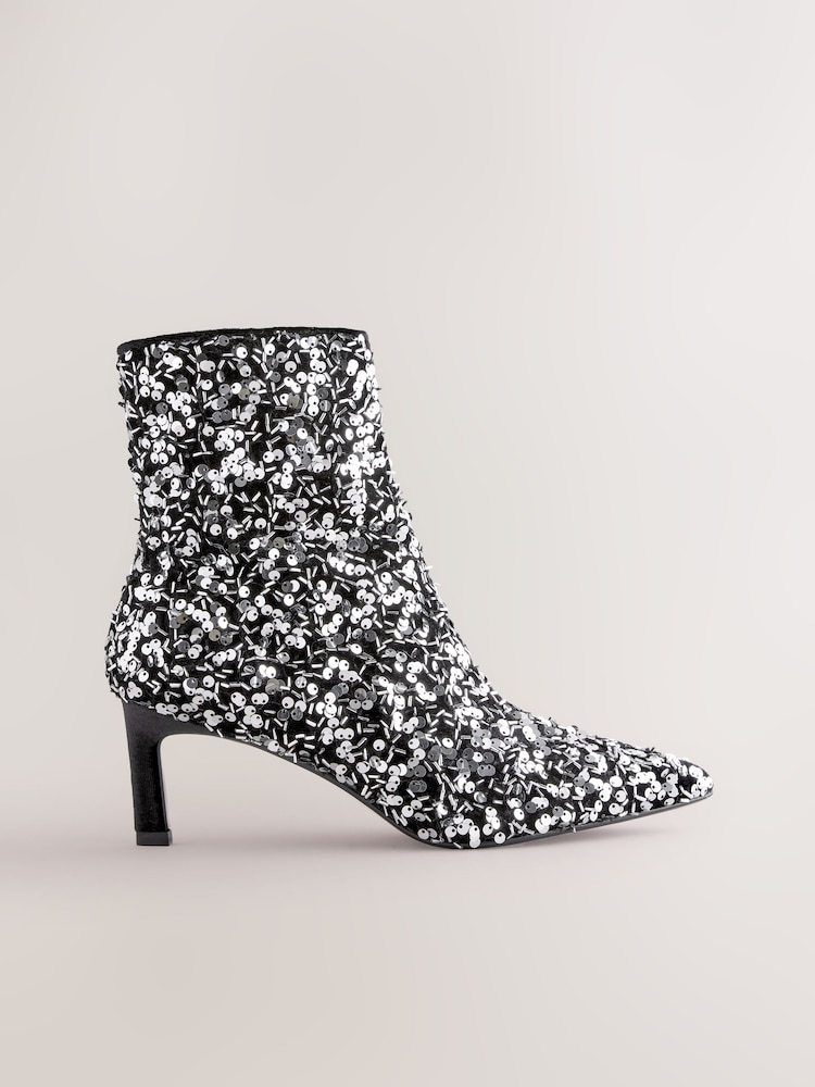 Black Forever Comfort® Sequin Embellished Heeled Ankle Boots - Image 1 of 5