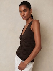 Reiss Chocolate Brown Vinny Stretch Lyocell Jersey Ruched Vest - Image 4 of 6