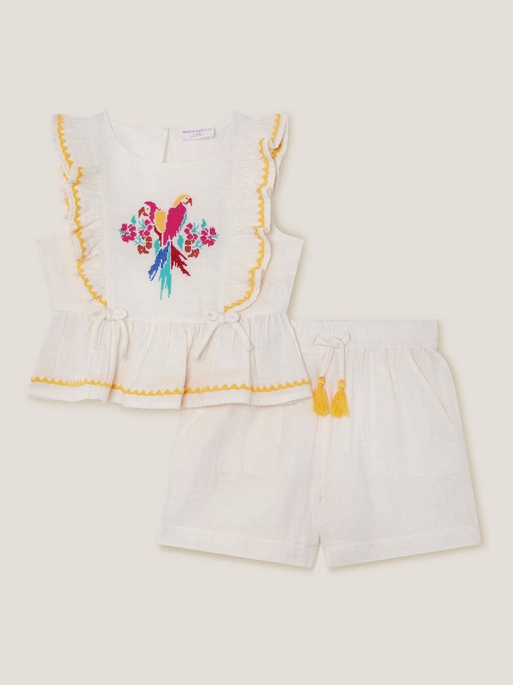 Monsoon Natural Parrot Embroidered 100% Cotton Top & Shorts Set - Image 1 of 4 Monsoon Natural Parrot Embroidered 100% Cotton Top & Shorts Set - Image 1 of 4