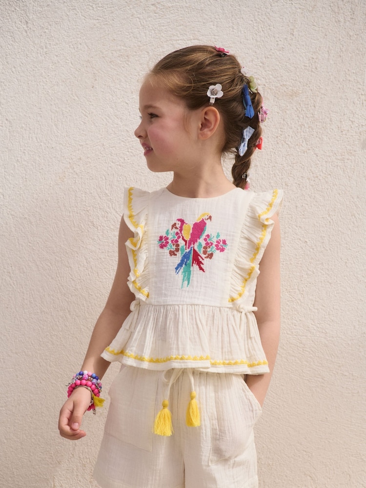 Monsoon Natural Parrot Embroidered 100% Cotton Top & Shorts Set - Image 2 of 4 Monsoon Natural Parrot Embroidered 100% Cotton Top & Shorts Set - Image 2 of 4