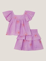 Monsoon Purple Floral Embroidered 100% Cotton Top & Skirt Set - Image 1 of 3