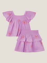 Monsoon Purple Floral Embroidered 100% Cotton Top & Skirt Set - Image 2 of 3