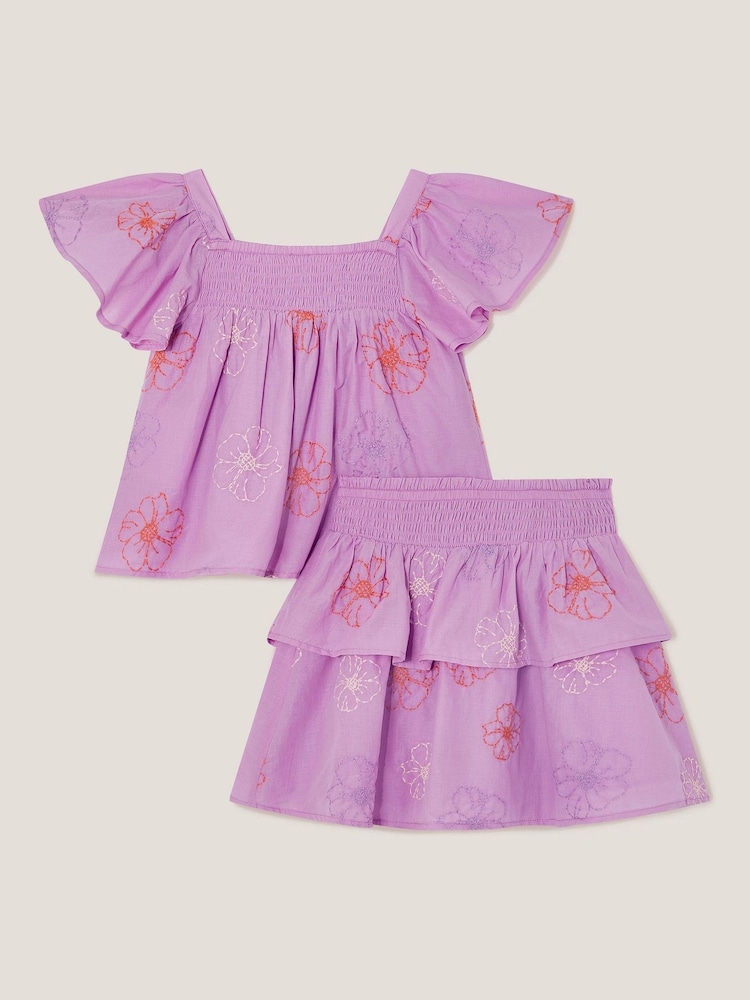 Monsoon Purple Floral Embroidered 100% Cotton Top & Skirt Set - Image 2 of 3