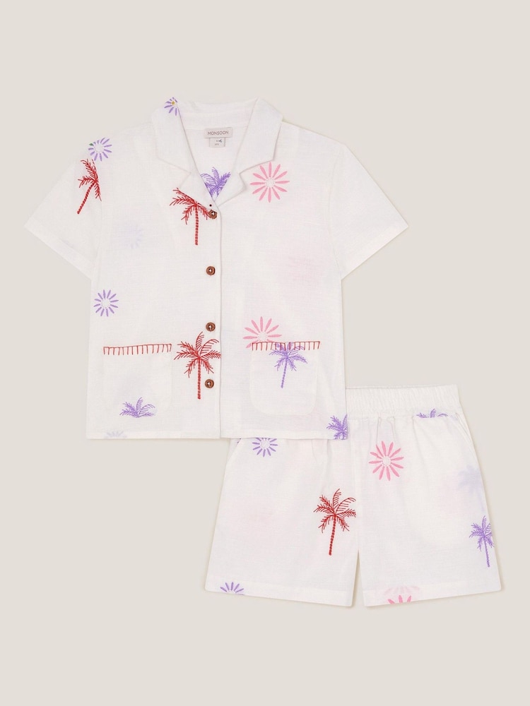 Monsoon White Palm Embroidered 100% Cotton Shirt & Shorts Set - Image 1 of 3