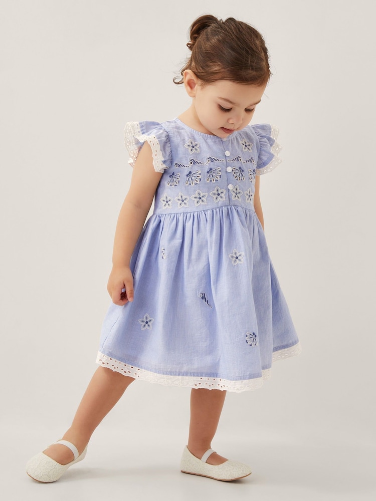 Monsoon Blue Baby Seashell Embroidered 100% Cotton Dress - Image 1 of 4