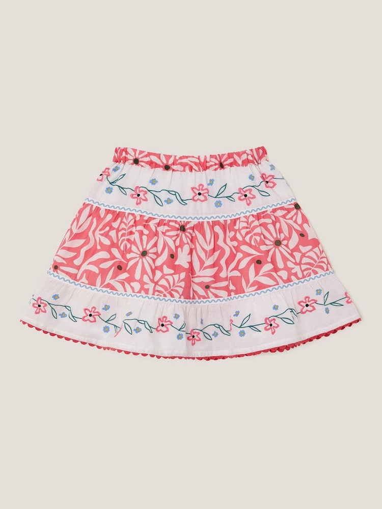 Monsoon Pink Floral Print Tiered 100% Cotton Skirt - Image 1 of 3