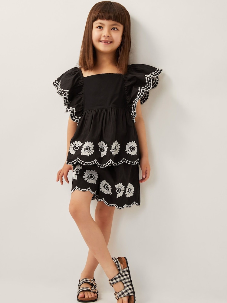 Monsoon Black Embroidered 100% Cotton Top & Shorts Set - Image 1 of 4