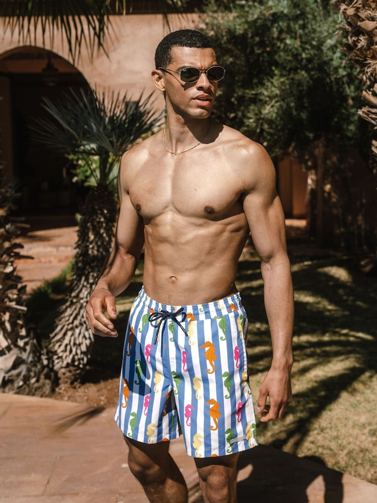 Chelsea Peers Blue Seahorse Stripe Print Swim Shorts - Image 1 of 5 Chelsea Peers Blue Seahorse Stripe Print Swim Shorts - Image 1 of 5