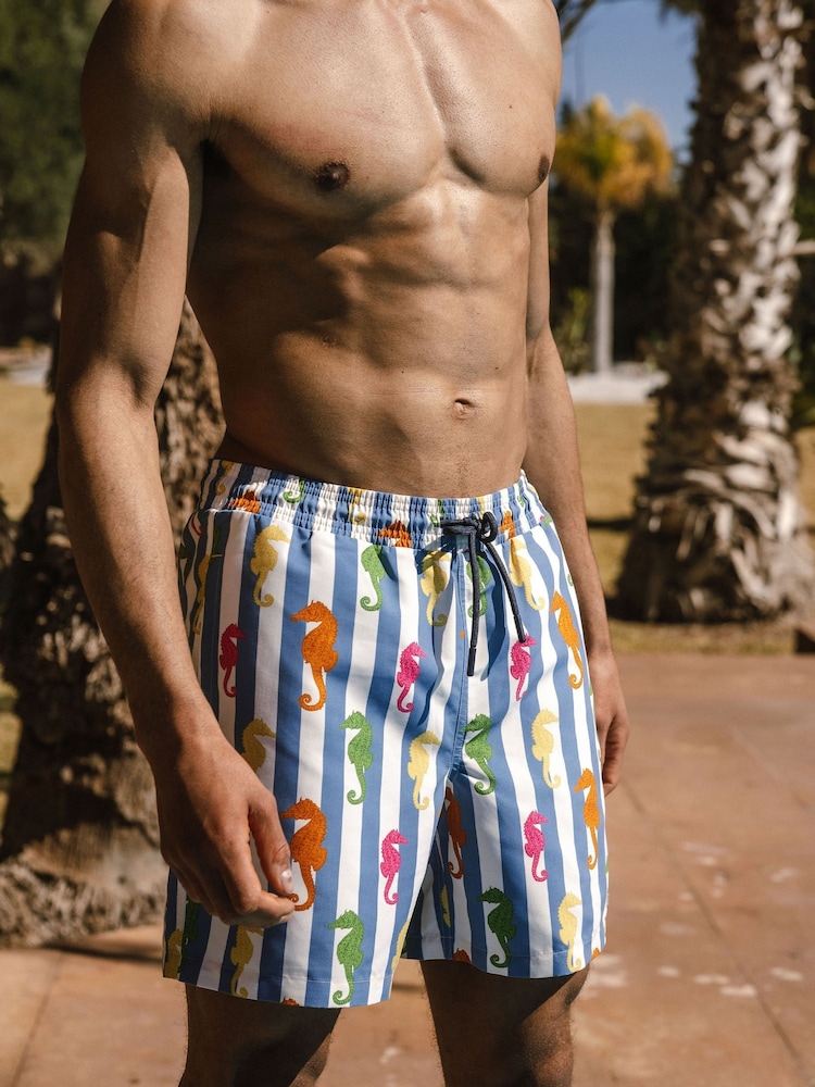 Chelsea Peers Blue Seahorse Stripe Print Swim Shorts - Image 2 of 5 Chelsea Peers Blue Seahorse Stripe Print Swim Shorts - Image 2 of 5