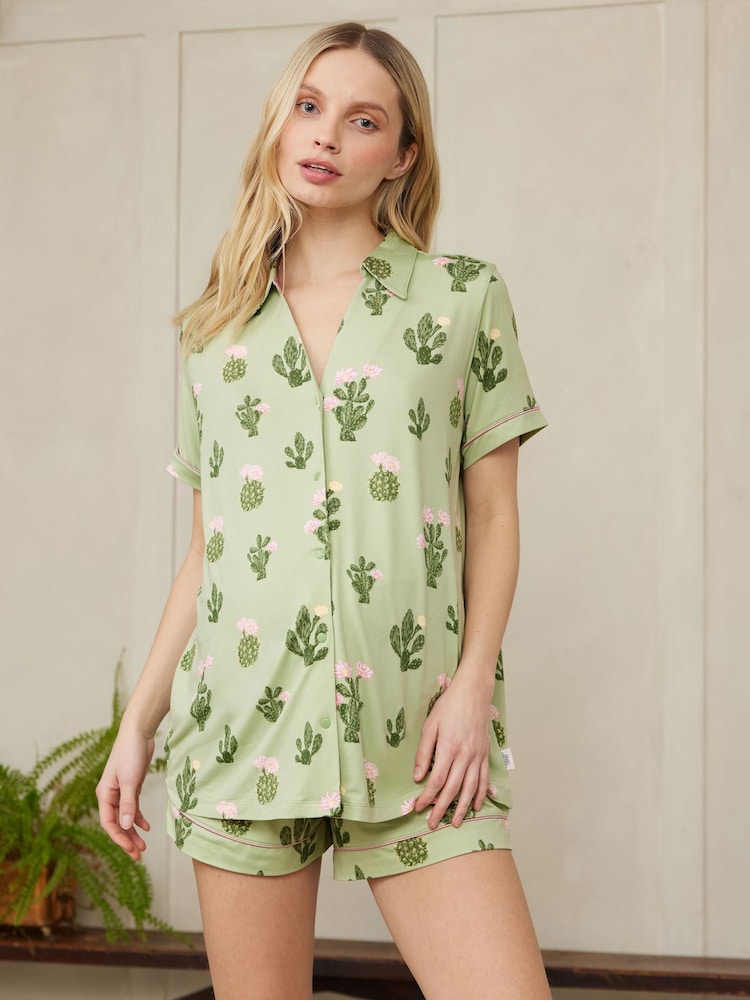 Chelsea Peers Green Maternity Pyjamas Maternity Cactus Print Short Pyjamas Set - Image 2 of 5