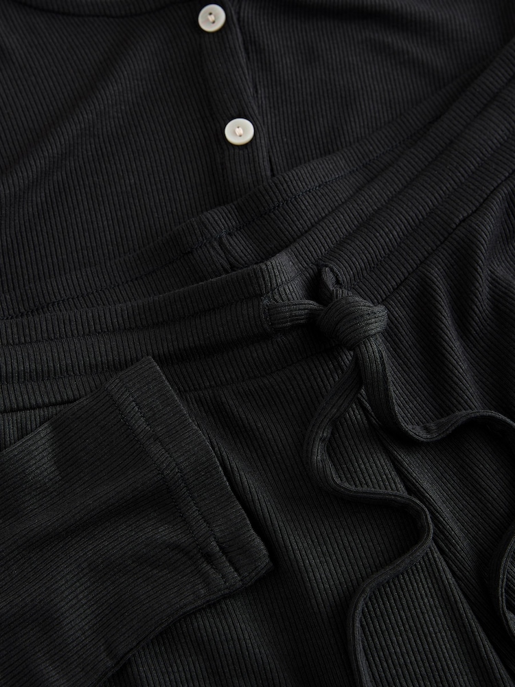 Black Ribbed Long Sleeve Pyjamas - Image 2 of 3 Black Ribbed Long Sleeve Pyjamas - Image 2 of 3