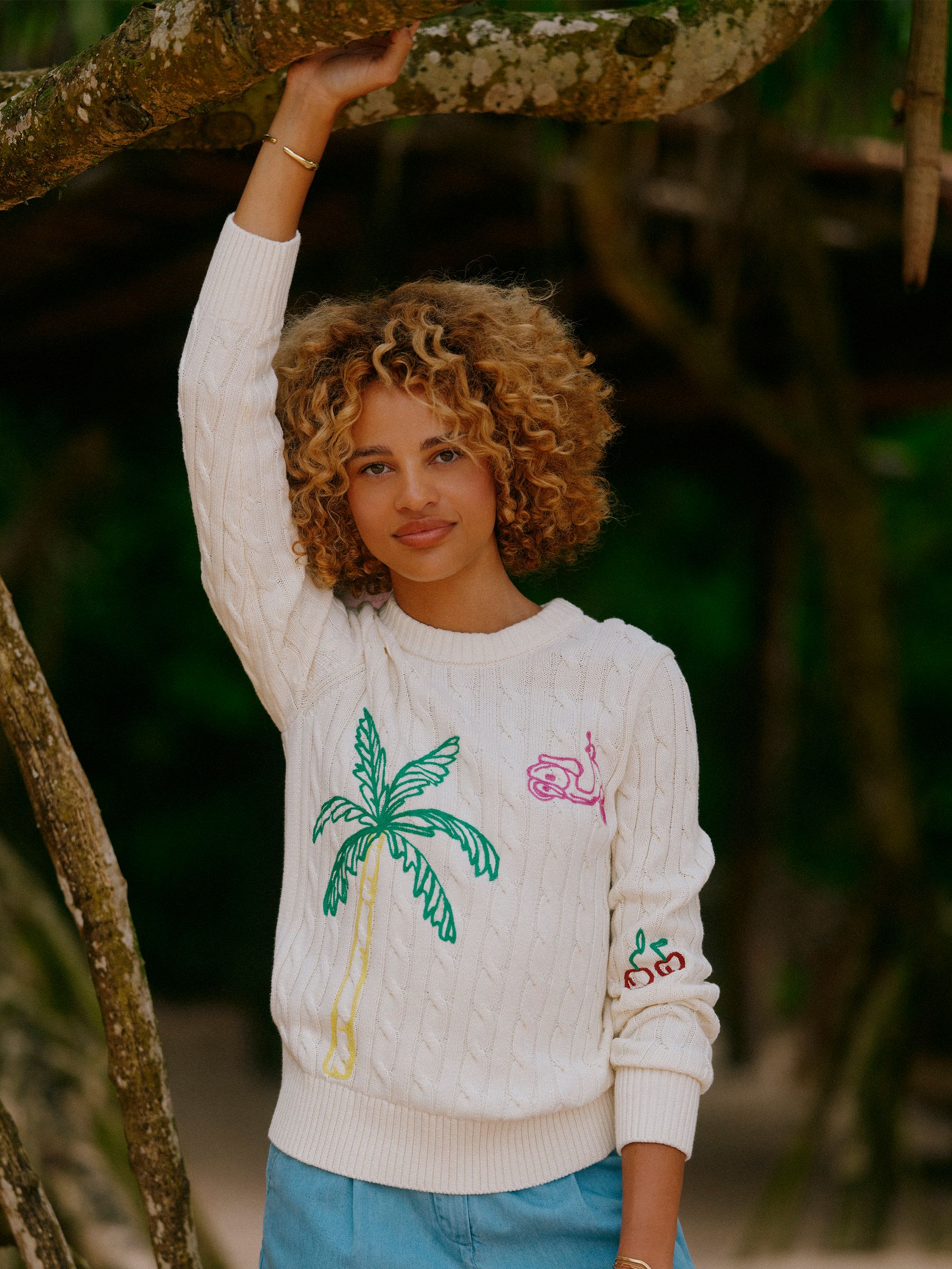 Joules Women's Classic Crew Neck Cotton Cable Knit Jumper Cream Embroidered Size 8