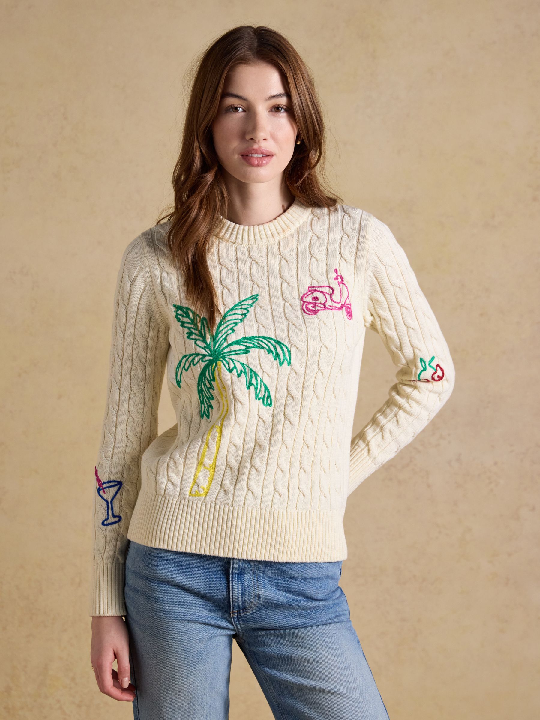 Joules Cream Embroidered Classic Crew Neck Cotton Cable Knit Jumper