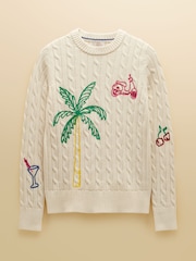 Joules Cream Embroidered Classic Crew Neck Cotton Cable Knit Jumper - Image 11 of 11