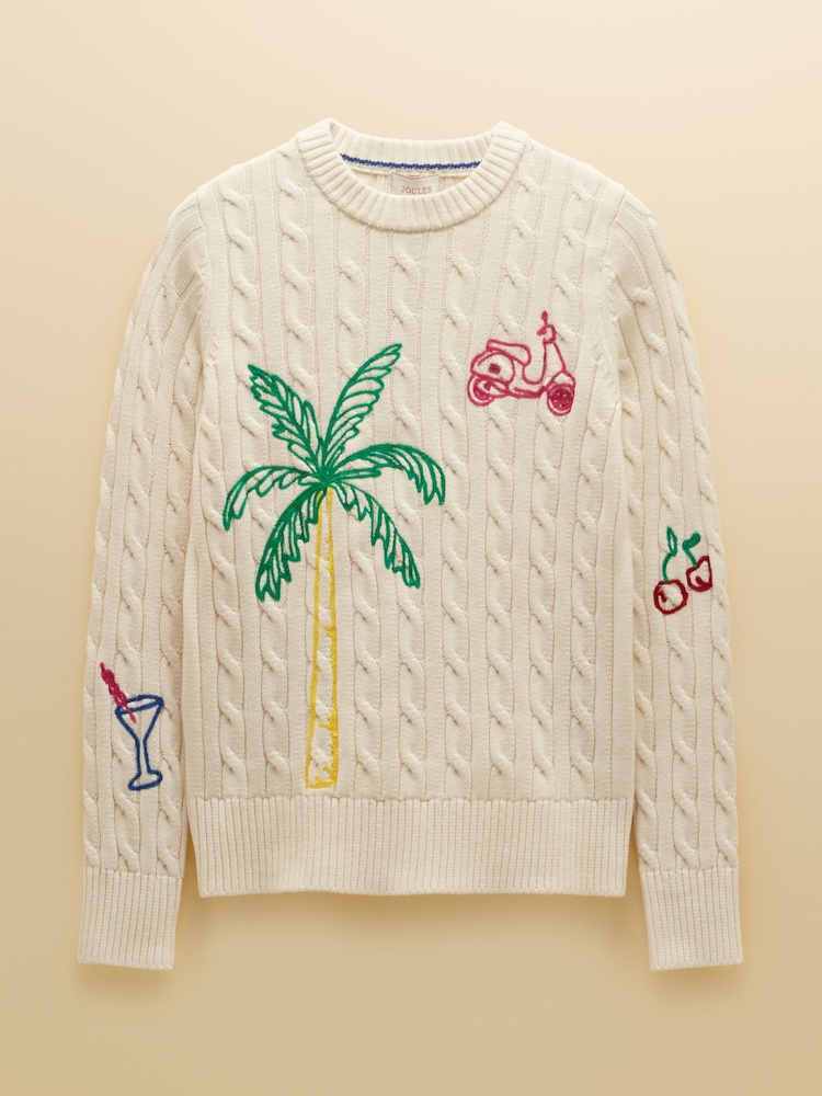 Joules Cream Embroidered Classic Crew Neck Cotton Cable Knit Jumper - Image 11 of 11