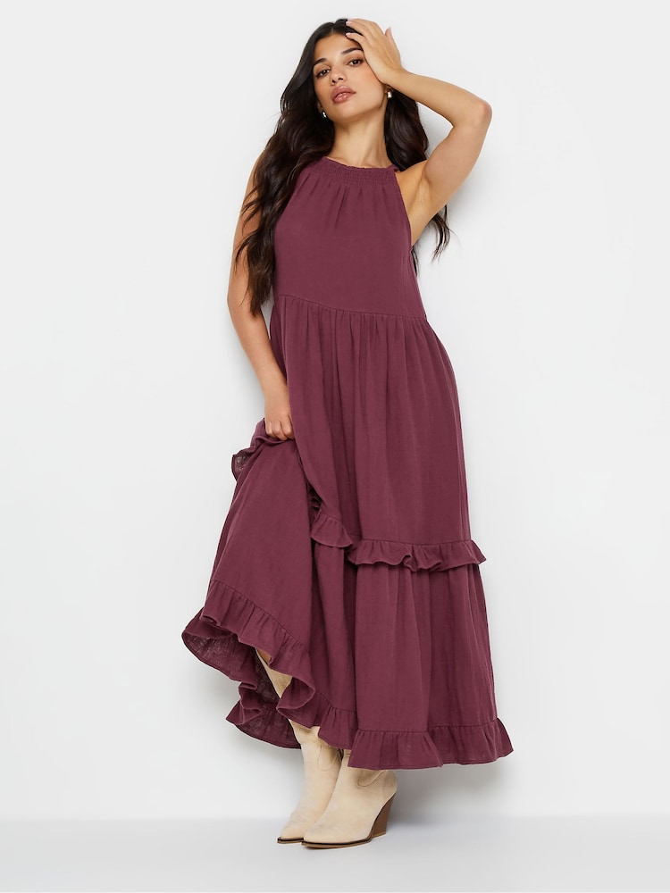 Rot - PixieGirl Petite 100% Cotton Halter Tiered Maxi Dress - Bild 2 von 6
