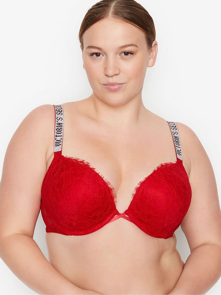 Victoria's Secret Lipstick Red Add 2 Cups Push Up Bombshell Shine Strap Lace Bra - Image 1 of 3