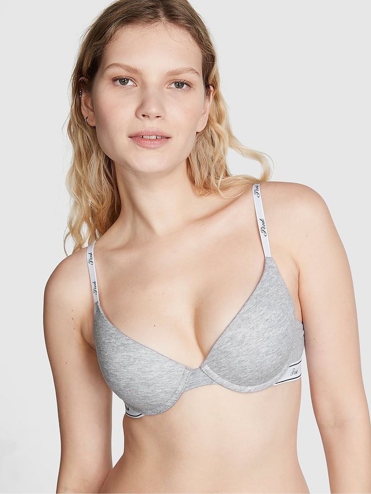 Victoria's Secret PINK Medium Heather Grey Cotton Cotton Logo Bra - Image 1 of 3 Victoria's Secret PINK Medium Heather Grey Cotton Cotton Logo Bra - Image 1 of 3