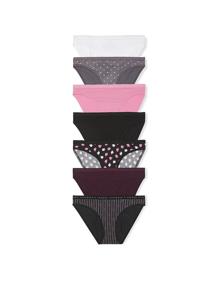 Victoria's Secret White/Grey/Pink/Black Bikini 7 Pack Logo Knickers - Image 1 of 2 Victoria's Secret White/Grey/Pink/Black Bikini 7 Pack Logo Knickers - Image 1 of 2