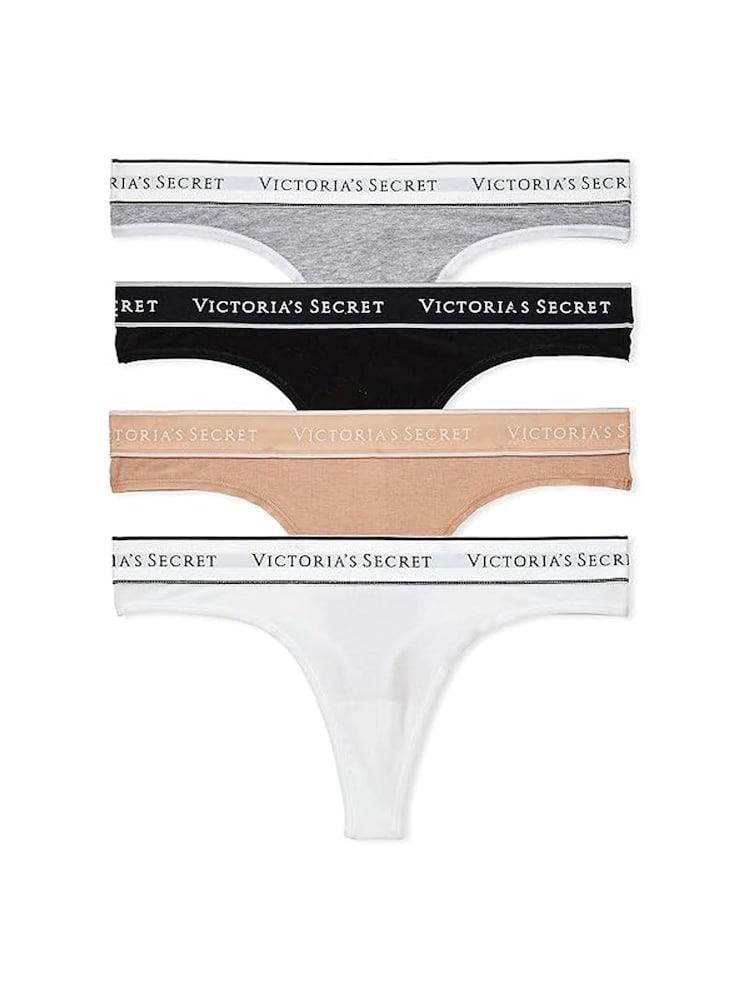 Victoria's Secret Black/White/Grey/Nude Thong Logo 4 Pack Knickers - Image 1 of 7 Victoria's Secret Black/White/Grey/Nude Thong Logo 4 Pack Knickers - Image 1 of 7