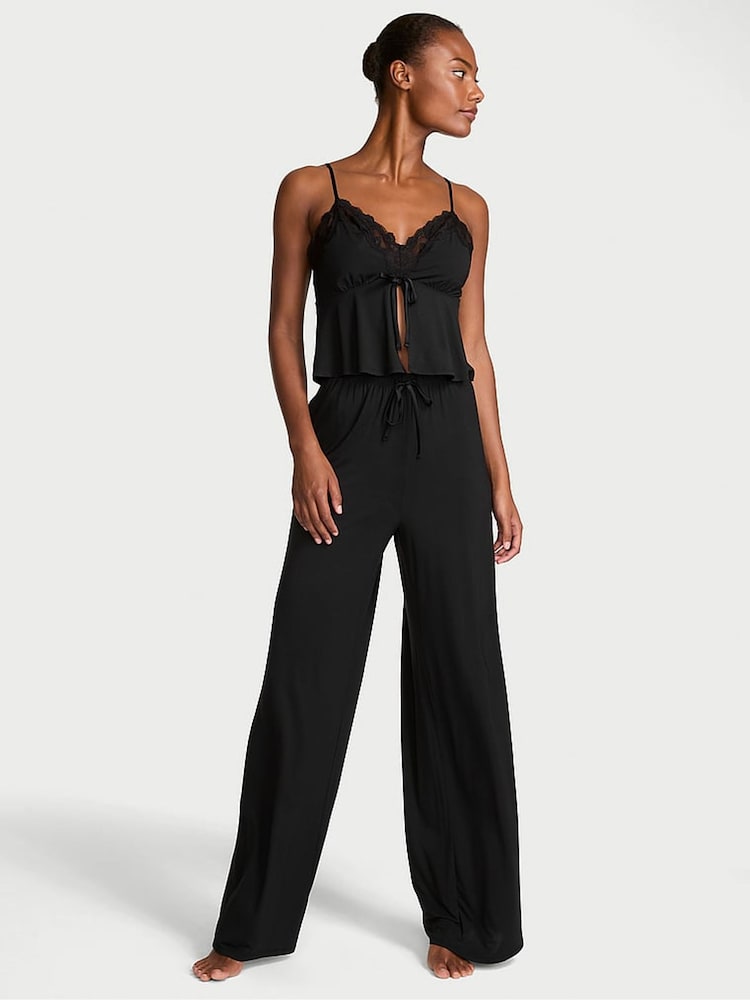 Victoria's Secret Black Modal Lace Trim Cami & Wide Leg Trouser Set - Image 1 of 4 Victoria's Secret Black Modal Lace Trim Cami & Wide Leg Trouser Set - Image 1 of 4