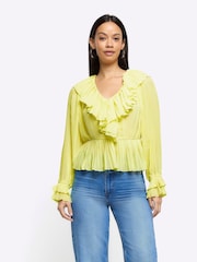 River Island Yellow Long Sleeve Pleated Blouse - Image 1 of 6