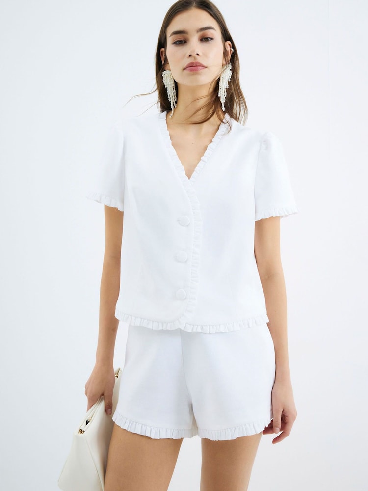River Island White White Frill Linen Tailored Top - Image 1 of 5