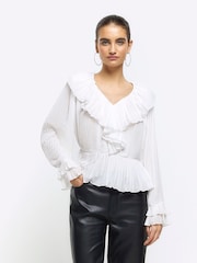 River Island White Long Sleeve Pleated Blouse - Image 1 of 5