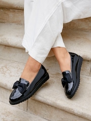 Linzi Black Wide Fit Violetta Classic Slip-On Loafers With Fabric Bow Detail - Image 1 of 6